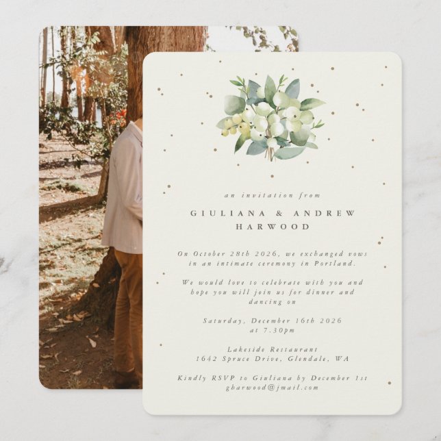 Convite Recepção de Casamento com Creme de Snowberry + Euc (Frente/Verso)