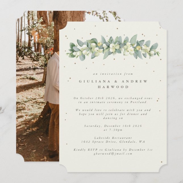 Convite Recepção de Casamento com Creme de Snowberry + Euc (Frente/Verso)