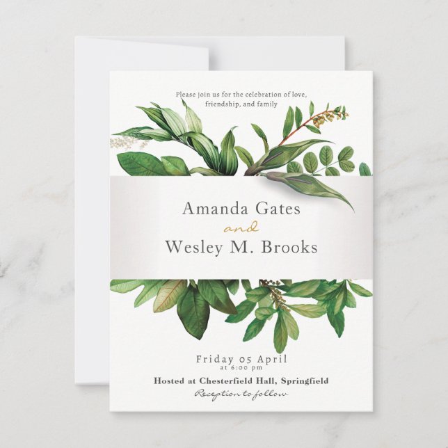 Convite Recepção de Casamento com Elegante Flora e Verdor (Frente)