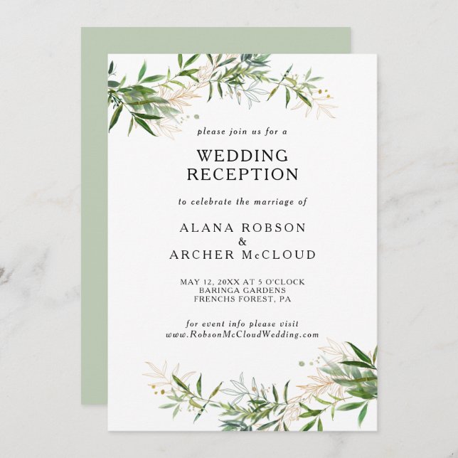 Convite Recepção de Casamento com Elegante Folhagem de Oli (Frente/Verso)