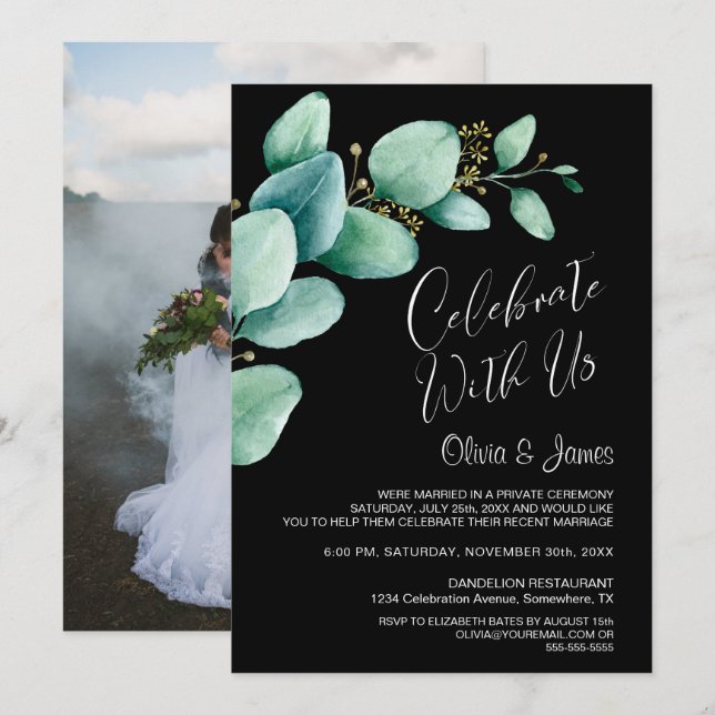 Convite Recepção de Casamento com Eucalipto Preto (Frente/Verso)