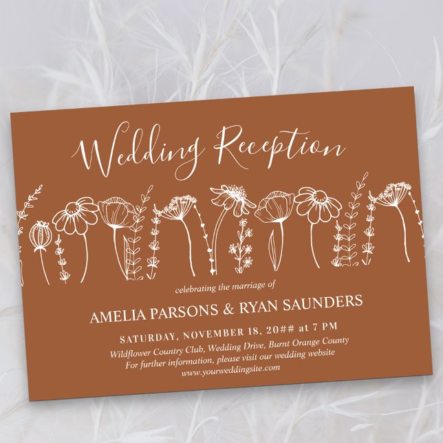Convite Recepção de Casamento com Flor Silvestre Laranja Q (Wedding Reception Invitation in Terracotta Burnt Orange, from my Wildflower Sketch collection)