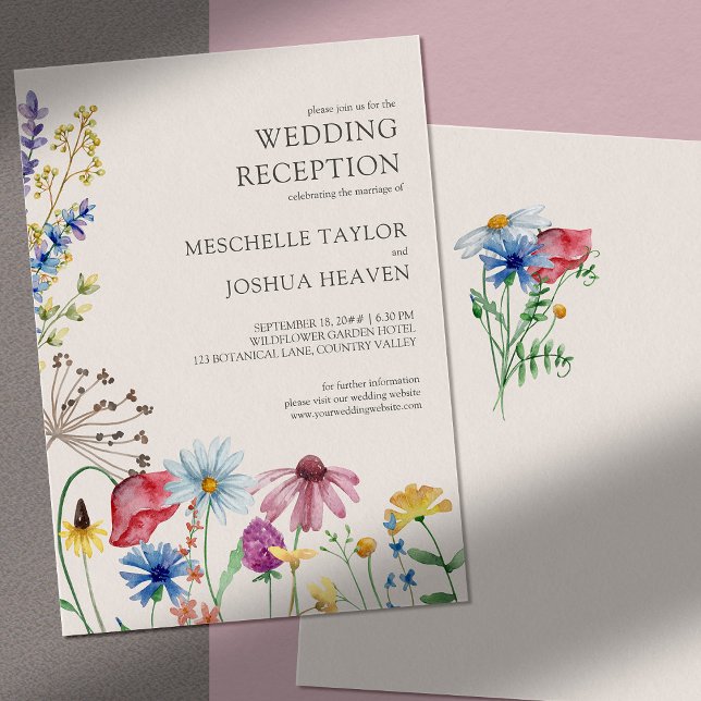 Convite Recepção de Casamento com Flores Silvestres Apenas (Reception only wedding invitation with natural border of watercolor wildflowers)