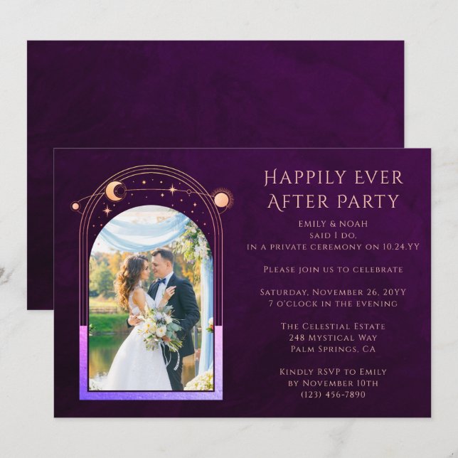Convite Recepção de Casamento com Foto Celestial em Dourad (Frente/Verso)