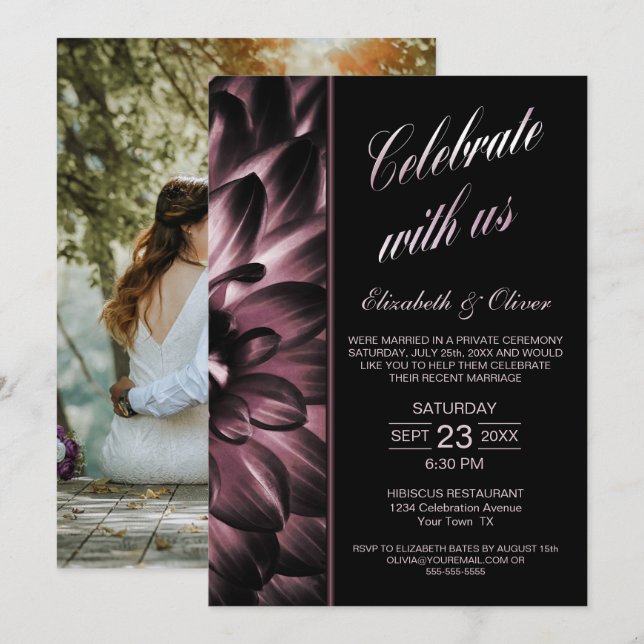Convite Recepção de Casamento com Foto Floral Rosa Mal-hum (Frente/Verso)