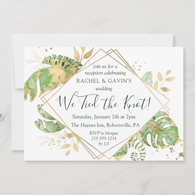 Convite Recepção de Casamento com Fuga Romântica Tropical  (Frente)