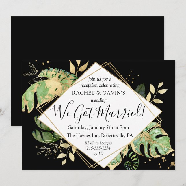 Convite Recepção de Casamento com Fuga Romântica Tropical  (Frente/Verso)