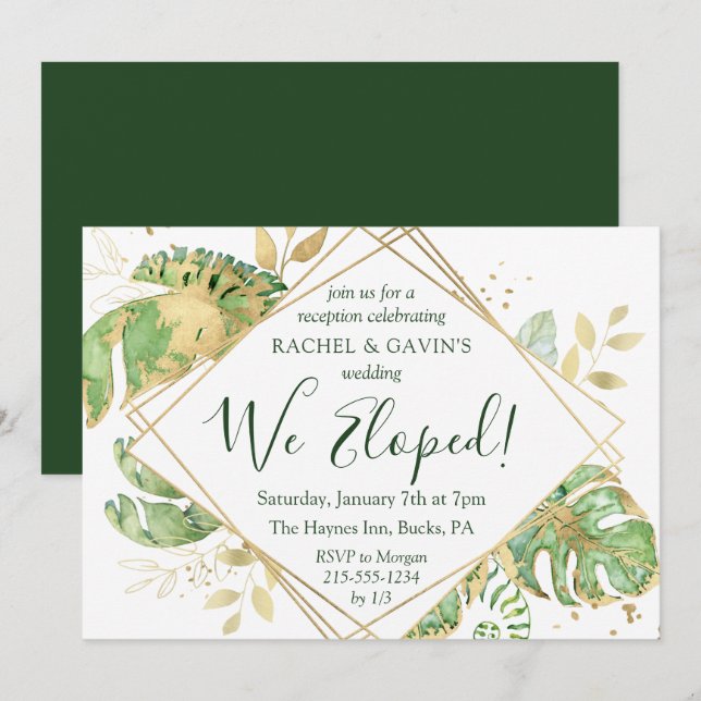 Convite Recepção de Casamento com Fuga Tropical Elegante (Frente/Verso)