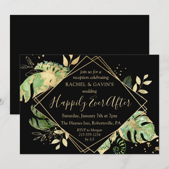 Convite Recepção de Casamento com Fuga Tropical Preto e Do (Frente/Verso)