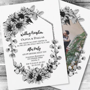 Convite Recepção de Casamento com Girassóis Preto e Branco