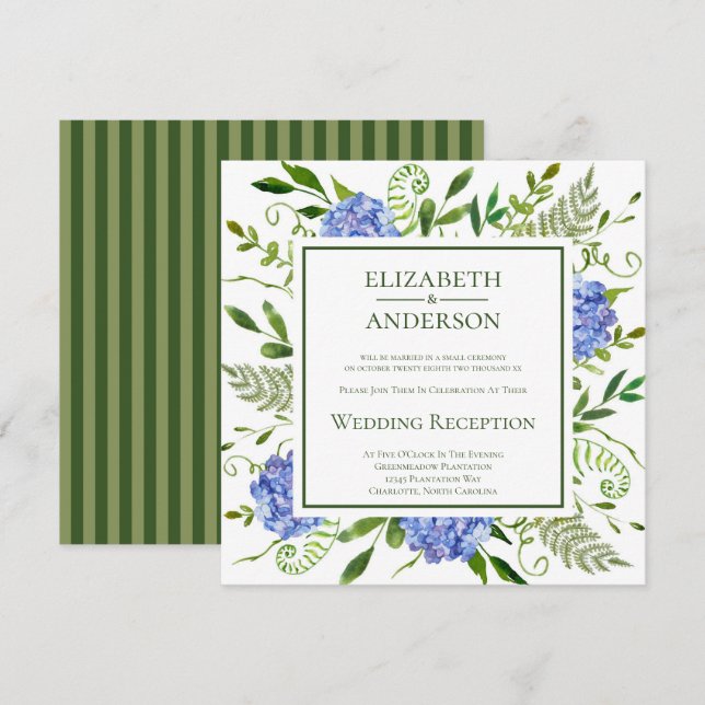 Convite Recepção de Casamento com Hortênsias Azuis (Frente/Verso)