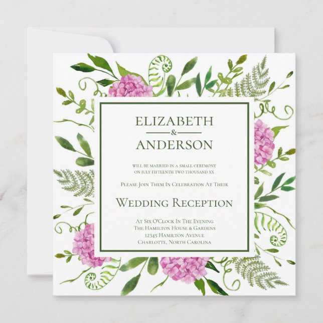 Convite Recepção de Casamento com Hortênsias Rosa (Frente)