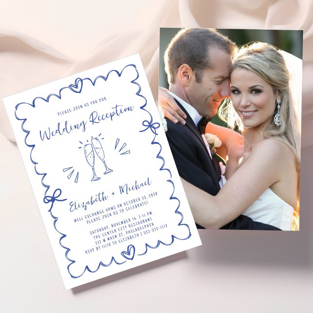 Convite Recepção de Casamento com Moldura Azul Caprichosa (Whimsical Blue Wavy Frame Photo Wedding Reception Invitation)