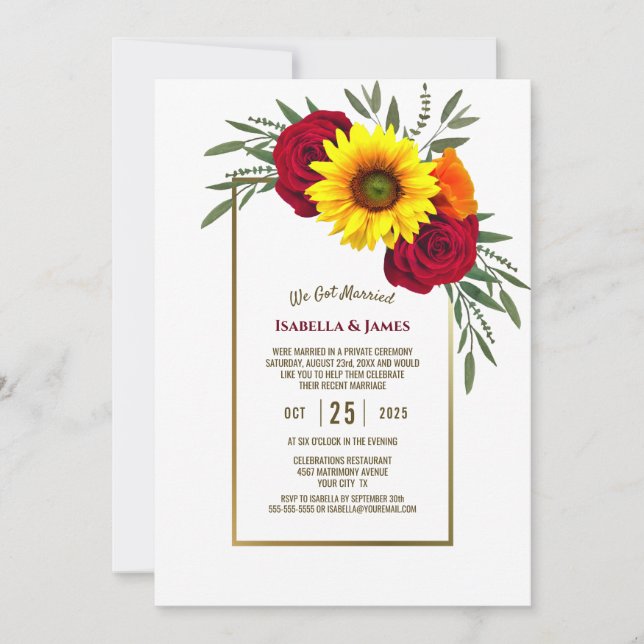 Convite Recepção de Casamento com Moldura Dourada de Giras (Frente)
