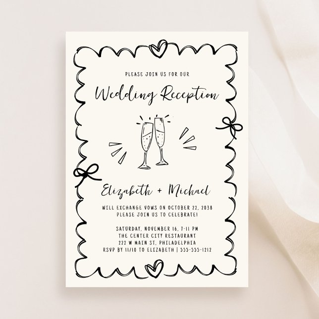 Convite Recepção de Casamento com Moldura Ondulada Desenha (Whimsical Hand Drawn Wavy Frame Wedding Reception Invitation)