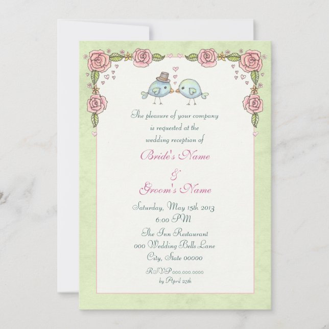 Convite Recepção de Casamento com Pássaros Azuis Fofos e R (Frente)