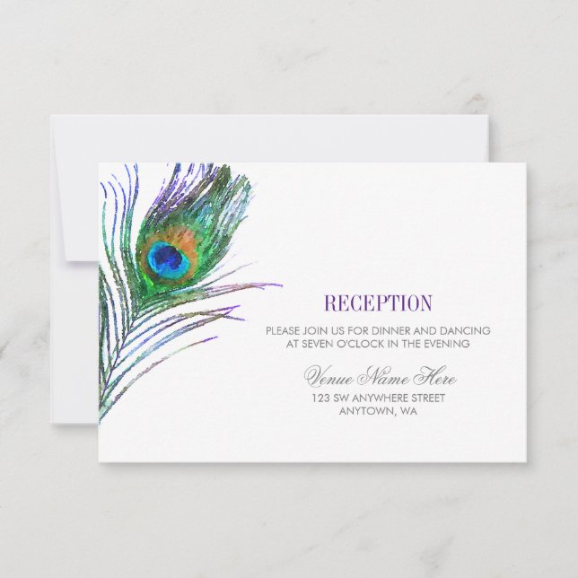 Convite Recepção de Casamento com Pena de Pavão em Aquarel (Frente)