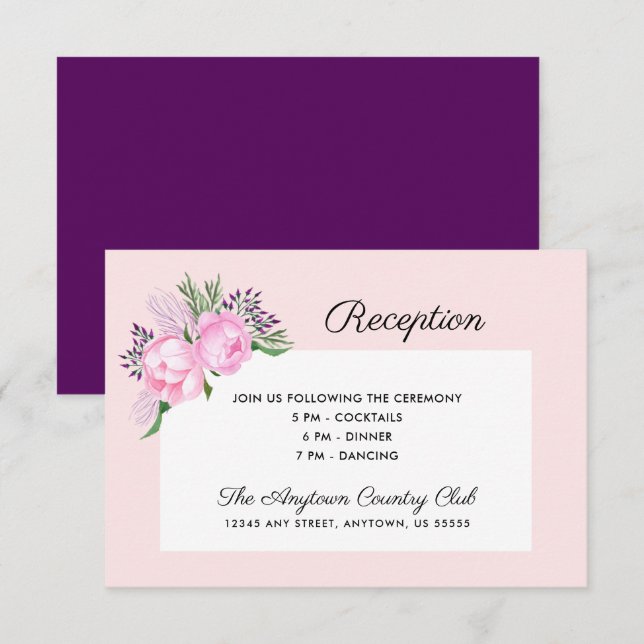 Convite Recepção de Casamento com Peônias Rosa em Aquarela (Frente/Verso)