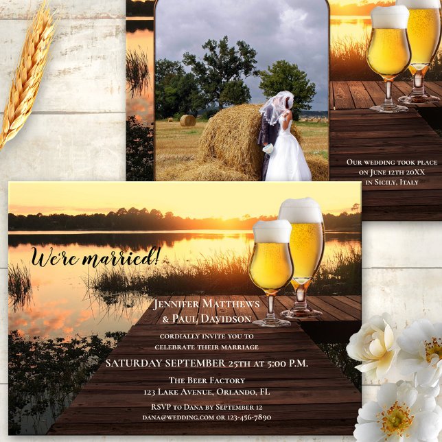 Convite Recepção de Casamento com Tema de Cerveja para Sua (Elopement or wedding reception only invitation with two beer glasses on a dark wood jetty at sunset)