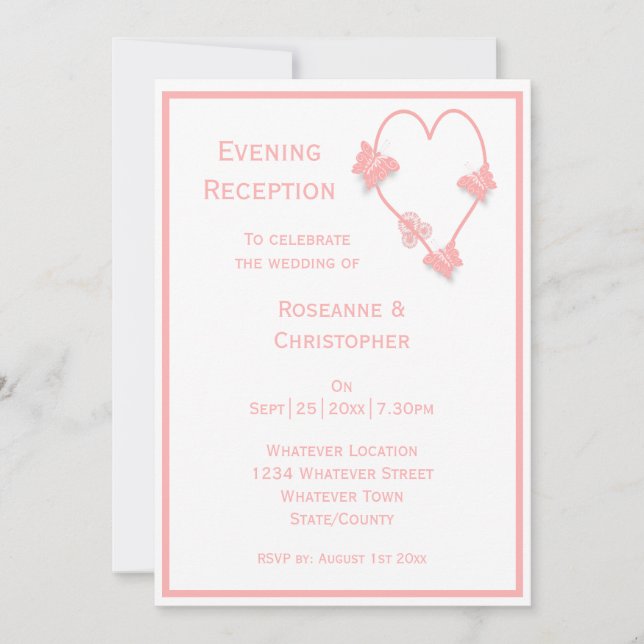 Convite Recepção de Casamento Coração Borboletas Rosa (Frente)