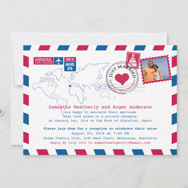 Convite Recepção de Casamento Correio Aéreo Espanha (Frente)
