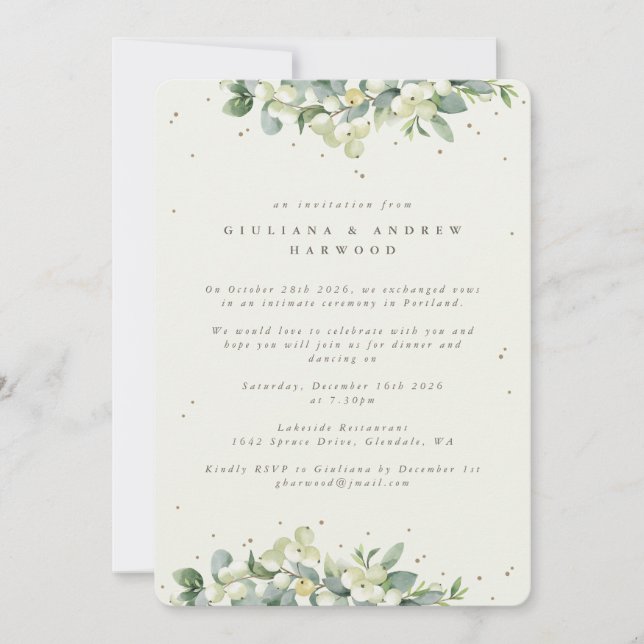 Convite Recepção de Casamento Creme Snowberry + Eucalipto (Frente)
