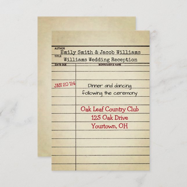 Convite Recepção de casamento da placa de biblioteca retrô (Frente/Verso)