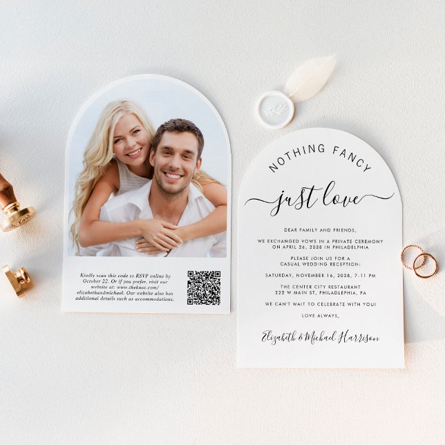 Convite Recepção de casamento de Arco de Código QR de Foto (Celebrate your love story with a chic arch-shaped elopement announcement and reception invitation)