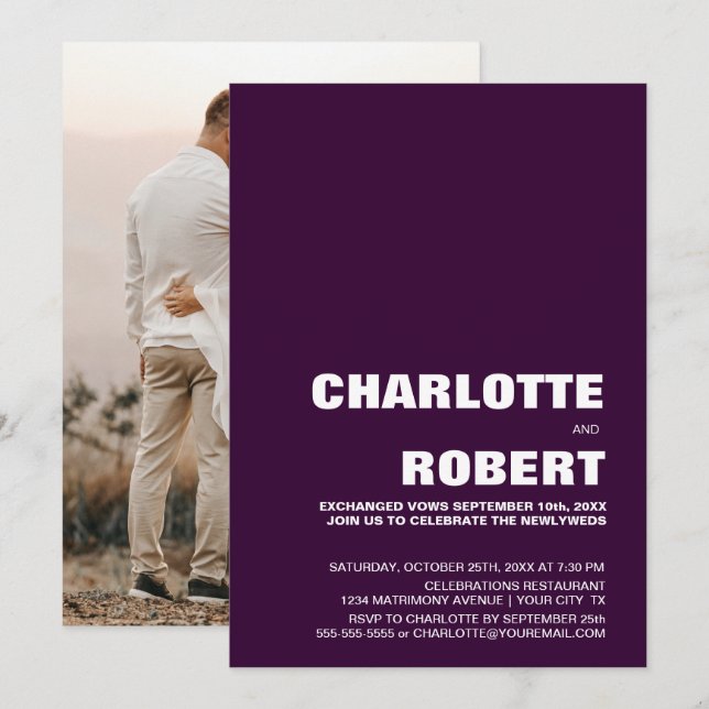 Convite Recepção de casamento de beringela moderna (Frente/Verso)