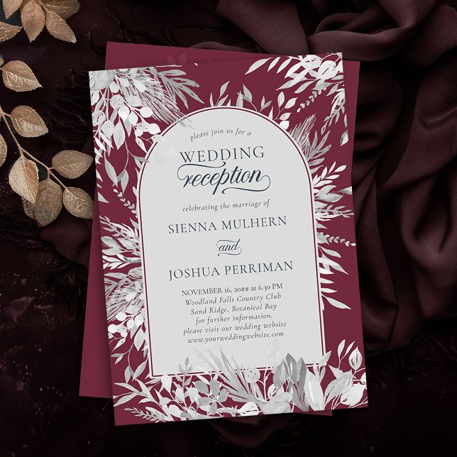 Convite Recepção de casamento de Borgonha de Arco com Quad (Wedding Reception invitation in Burgundy and Grey from the Foliage Duet Collection by Darling & May)