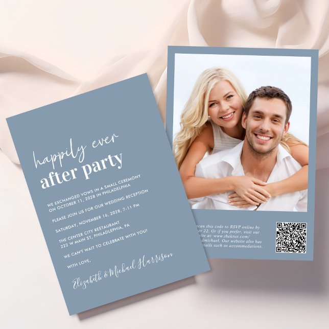 Convite Recepção de casamento de Código QR de Foto Moderna (An chic Happily Ever After Party all-in-one invitation for your wedding celebration)