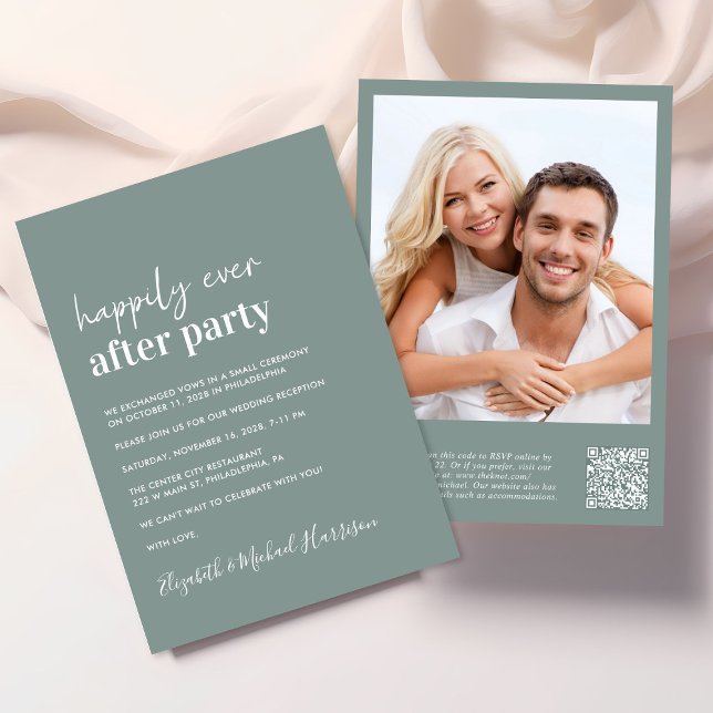 Convite Recepção de casamento de Código QR de Foto Moderna (An chic Happily Ever After Party all-in-one invitation for your wedding celebration)