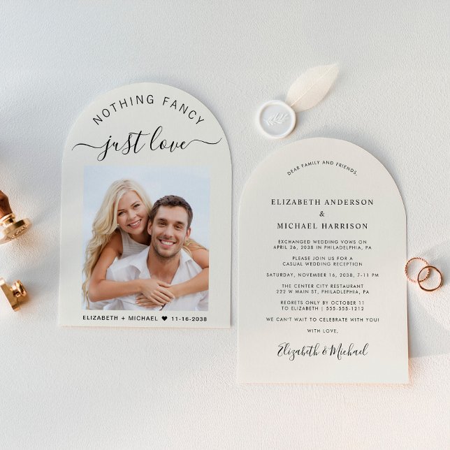 Convite Recepção de casamento de Creme de Foto em Arch Chi (Celebrate your love story with a chic arch-shaped elopement announcement and reception invitation)
