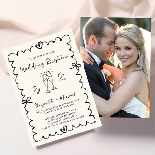 Convite Recepção de Casamento de Foto Creme Desenhada à Mã