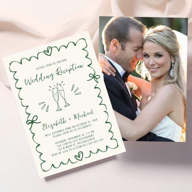 Convite Recepção de Casamento de Foto Verde Desenhada à Mã (Whimsical Hand Drawn Green Photo Wedding Reception Invitation)