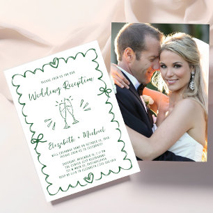 Convite Recepção de Casamento de Foto Verde Desenhada à Mã