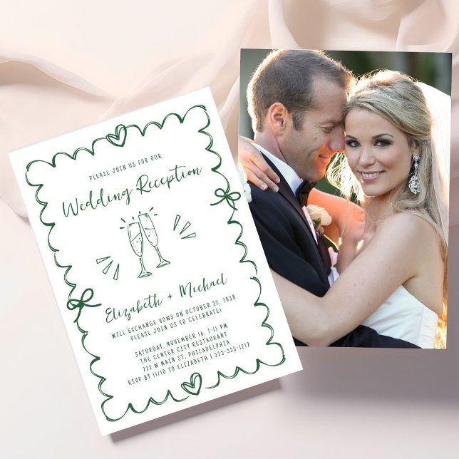 Convite Recepção de Casamento de Foto Verde Desenhada à Mã (Whimsical Hand Drawn Green Photo Wedding Reception Invitation)