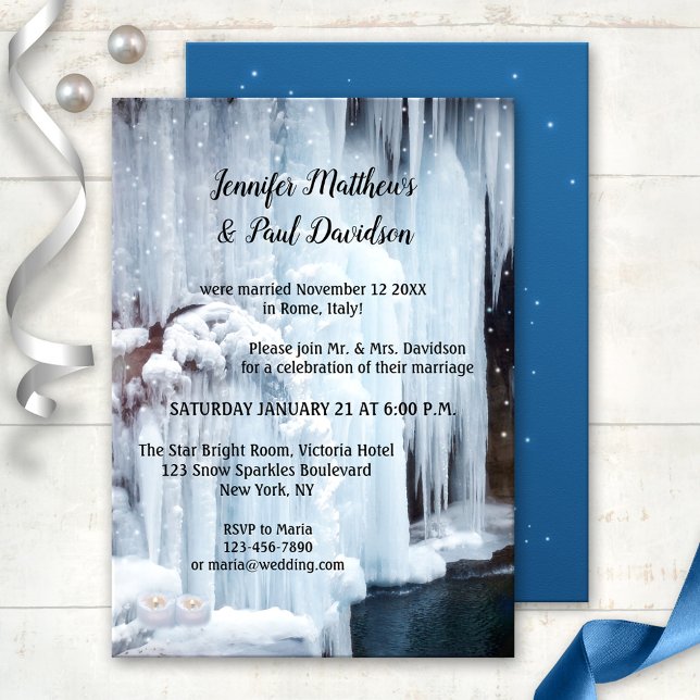Convite Recepção de casamento de gelo de inverno apenas (After wedding invitation featuring a frozen waterfall with sparkly snowflake lights and candles)