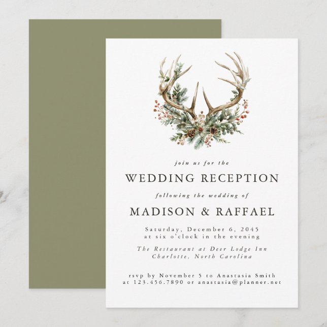 Convite Recepção de Casamento de Inverno Rústico com Galha (Frente/Verso)