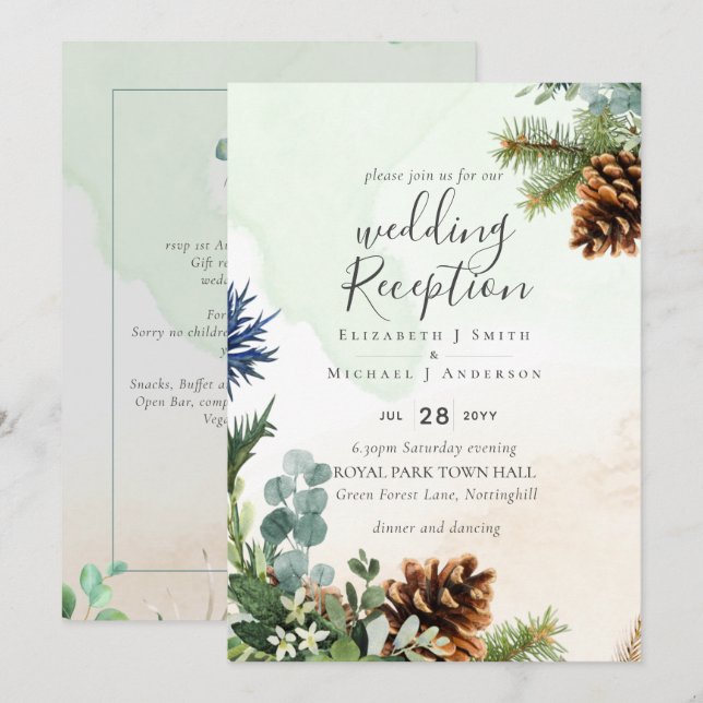 Convite Recepção de casamento de inverno verde apenas à no (Frente/Verso)