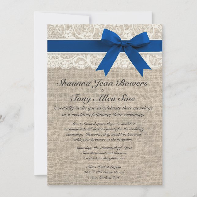 Convite Recepção de casamento de Ivory Lace Royal Blue Bur (Frente)