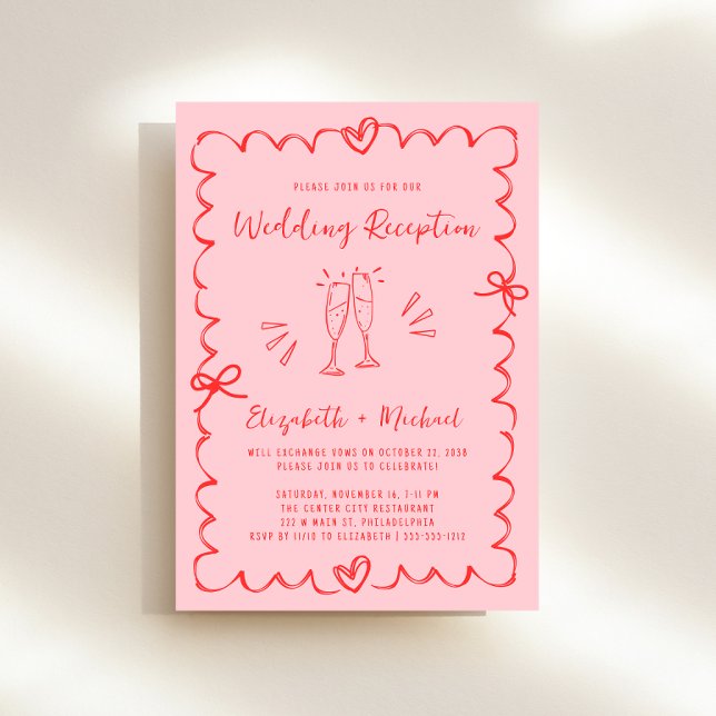 Convite Recepção de casamento de Quadro de Onda Vermelha C (Whimsical pink + red wedding reception invitation to set the tone for an unforgettable event)