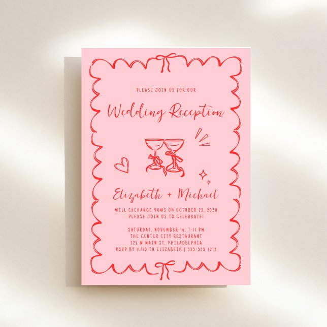 Convite Recepção de casamento de Quadro Wavy Desenhado à M (Whimsical pink + red engagement party invitation to set the tone for an unforgettable event)