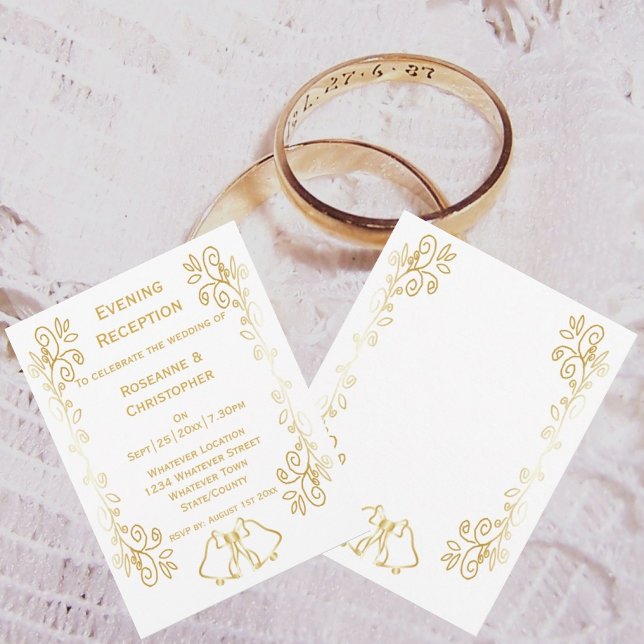 Convite Recepção de casamento de Rolagem de Beliscos Doura (Gold bells scrollwork wedding reception invite)