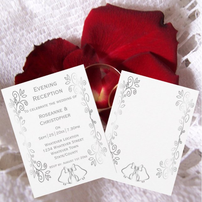Convite Recepção de casamento de Rolagem de Sinos de Prata (Silver wedding reception invitation bells and scrollwork design)