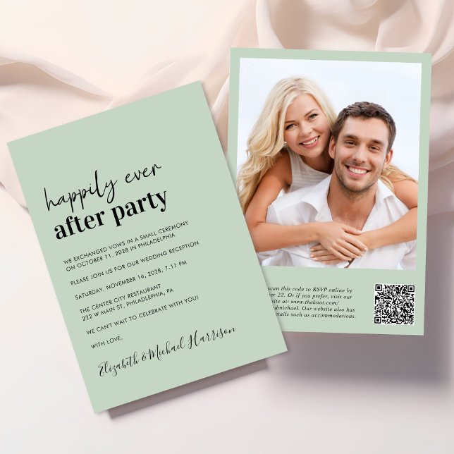 Convite Recepção de casamento de Sage de Código QR de Foto (An elegant Happily Ever After Party Invitation to set the tone for an unforgettable event)