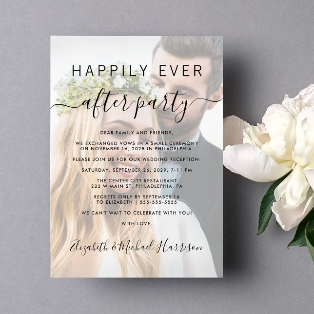 Convite Recepção de casamento De Sobreposição De Fotos Par (An chic Happily Ever After Party Invitation to set the tone for an unforgettable event)