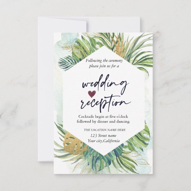 Convite Recepção de Casamento de Verão com Folhas de Palme (Frente)
