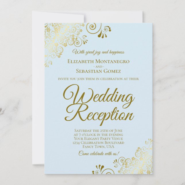 Convite Recepção de Casamento Elegante com Enfeites Dourad (Frente)