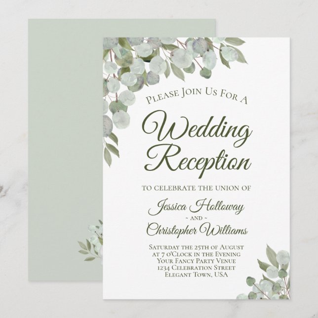 Convite Recepção de Casamento Elegante com Folhas de Eucal (Frente/Verso)
